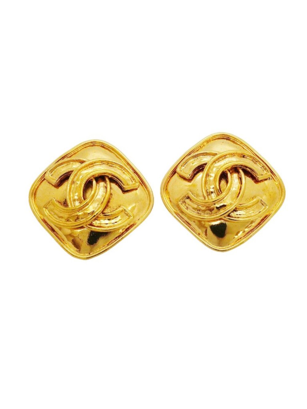 Chanel Earrings Vintage CC Logo Diamond Shape Gold Plated